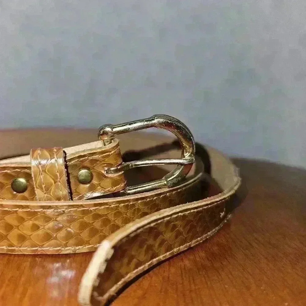 Womens Genuine Snake Skin Belt Cognac Brown W/ Gold buckle 38